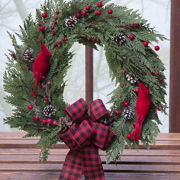 20 Inch Grapevine Holiday Winter Faux Cedar Wreath With Red Cardinals - Picture 6 of 7